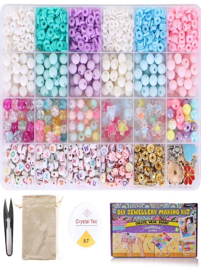 Ambitieux All-in-One Bracelet Making Kit for Girls - 24 Grid Jewelry Set with 1000+ Beads, Alphabet Letters, Charms, Jump Rings, Tools & 2 Elastic Rolls - DIY Jewellery Craft Kit for Kids Age 6-12(Clay With 8mm) - Image 1